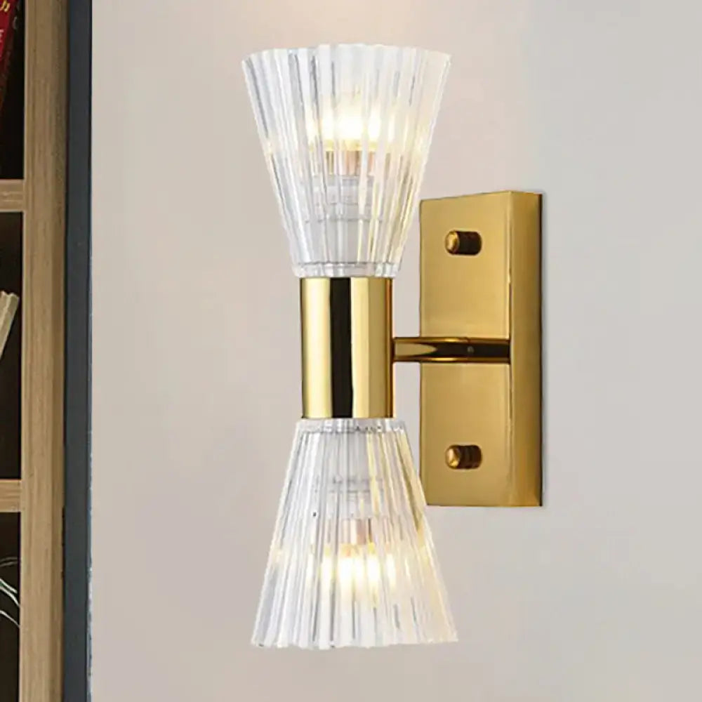 Modern gold crystal hourglass wall light fixture with gold-toned wall light and clear fluted glass shades for bedroom use compatible with 220v-240v and 110v-120v