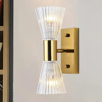 Modern gold crystal hourglass wall light fixture with gold-toned wall light and clear fluted glass shades for bedroom use compatible with 220v-240v and 110v-120v