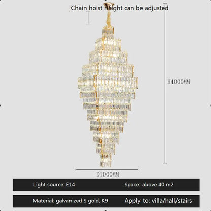Elegant modern gold crystal large chandelier with cascading clear prisms ideal for living room stairs afralia crystal design