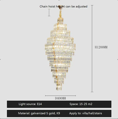 Modern gold crystal large chandelier with multiple tiers of clear prisms on a galvanized s gold k9 frame for living room stairs