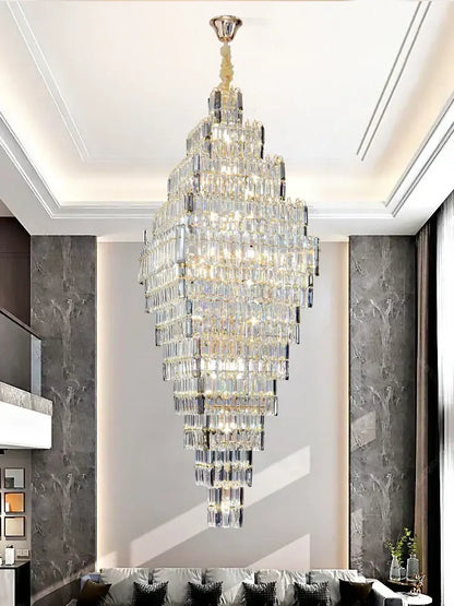Modern gold afralia crystal large chandelier with cascading clear prisms for living room stairs lighting