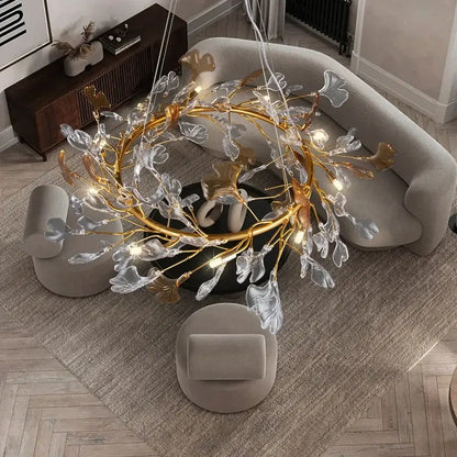 Modern gold crystal leaf branch chandelier with clear and amber glass ginkgo leaf accents for dining room decorbites crystal leaf