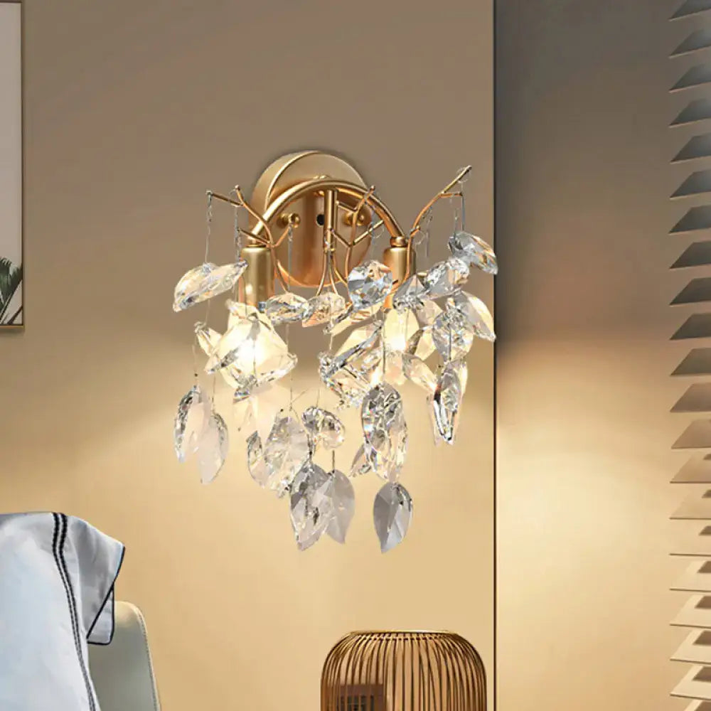 Modern gold crystal leaf light fixture wall sconce with faceted dangling crystals for 220v-240v 110v-120v use