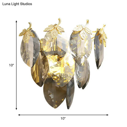 Modern gold crystal leaf wall lamp with amber and gray faceted leaves compatible with led incandescent fluorescent bulb base