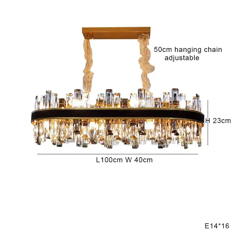 Modern gold crystal leather chandelier with oval frame and cascading clear prisms for living room decorbites crystal leather