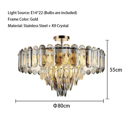 Modern gold crystal led ceiling chandelier with stainless steel k9 crystal elements and 22 e14 bulbs for dining room decorbites crystal led