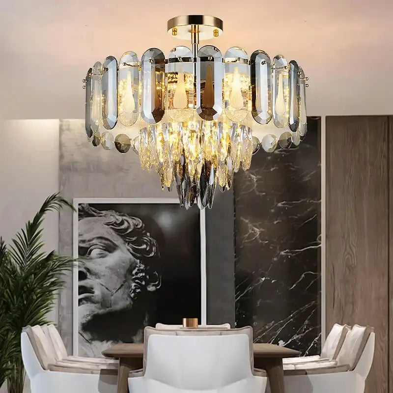 Modern gold crystal led ceiling chandelier with amber and clear crystal droplets for dining room decorbites crystal led light