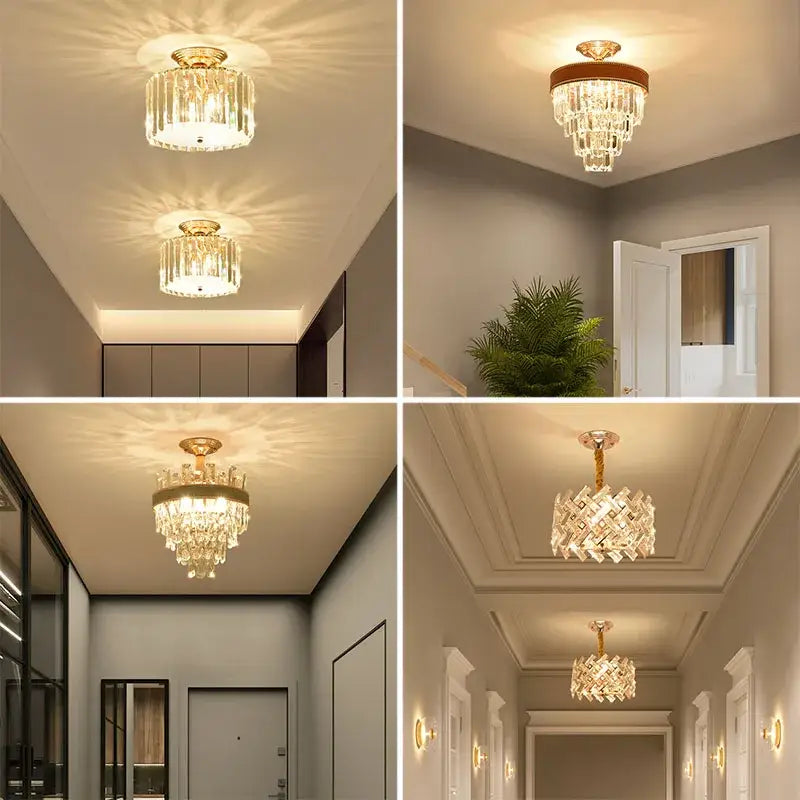 Modern gold crystal led ceiling chandelier with cascading clear glass prisms and central brass fixture for dining room decorbites crystal led