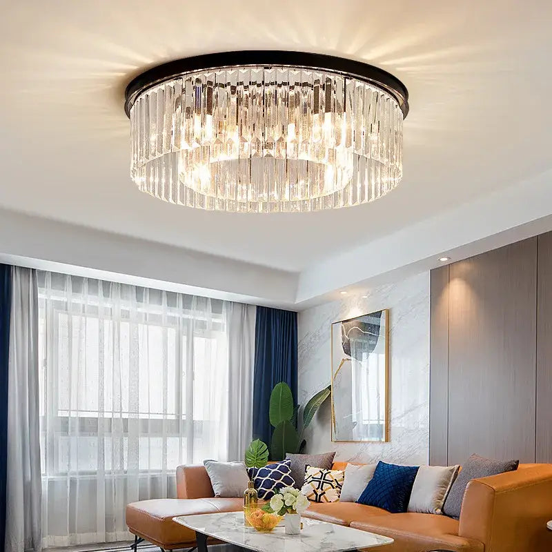 Modern gold crystal led ceiling chandelier with black frame and cascading glass rods for living room decorbites crystal led