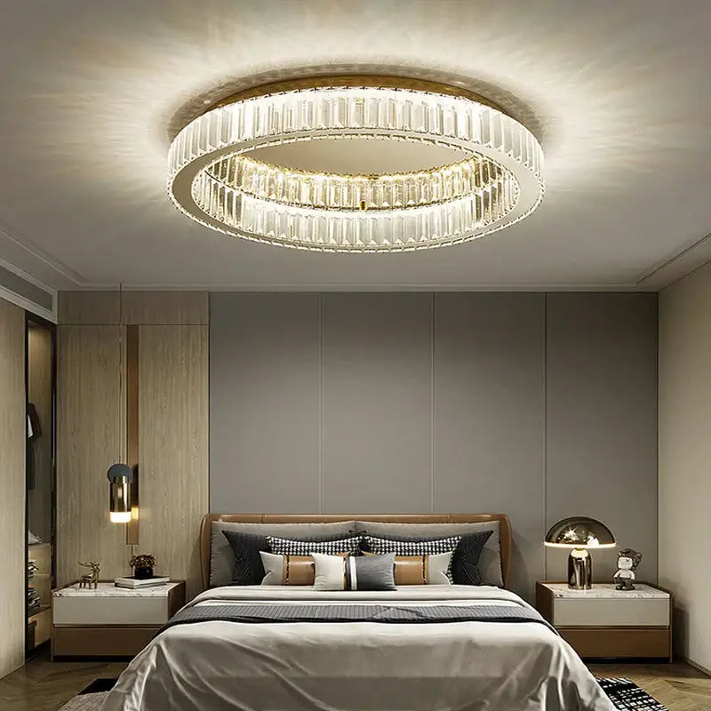 Modern gold crystal led ceiling chandelier with two concentric rings of faceted crystal elements for living room decorbites crystal led ceiling chandelier