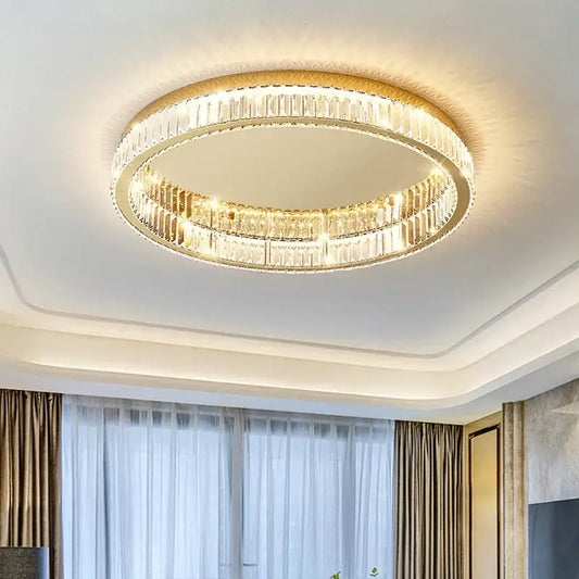 Modern gold crystal led ceiling chandelier featuring two concentric rings of clear faceted crystals for living room decorbites crystal led