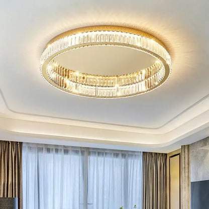 Modern gold crystal led ceiling chandelier featuring two concentric rings of faceted crystals for living room decorbites lighting