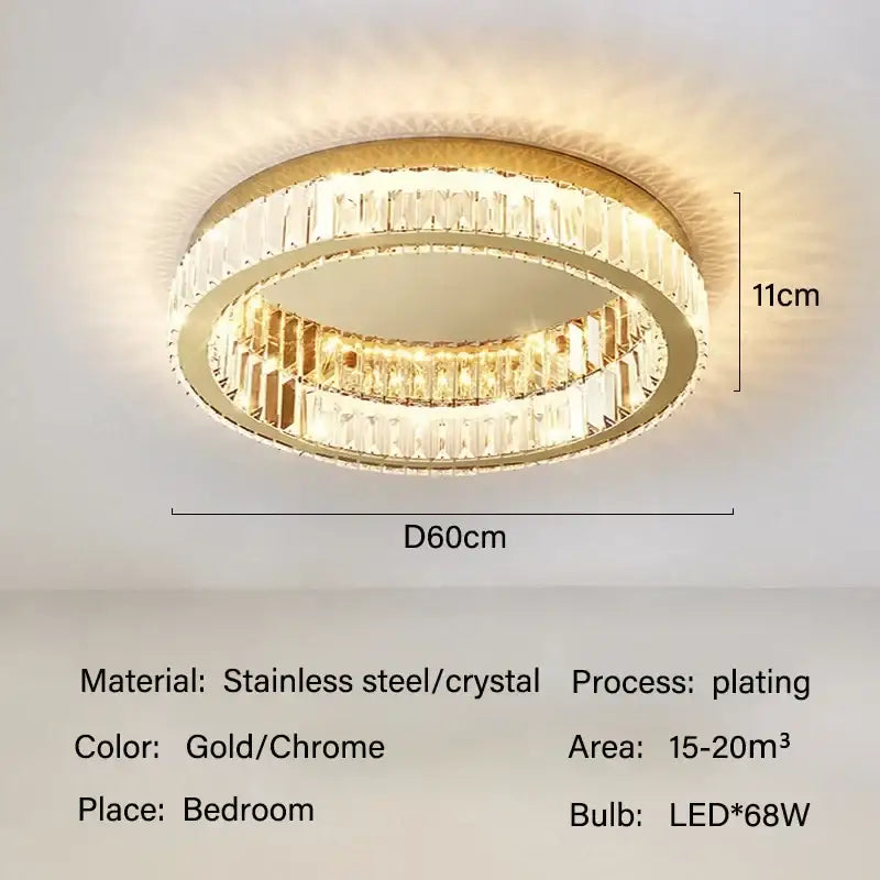 Modern gold crystal led ceiling chandelier featuring gold-plated rings with faceted crystals for bedroom decorbites crystal led
