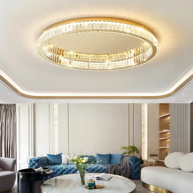 Modern gold crystal led ceiling chandelier featuring two concentric rings of faceted crystals for living room decorbites