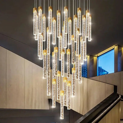 Modern gold crystal led ceiling chandelier with vertical glass tubes and sparkling crystals for luxury dining decorbites crystal led