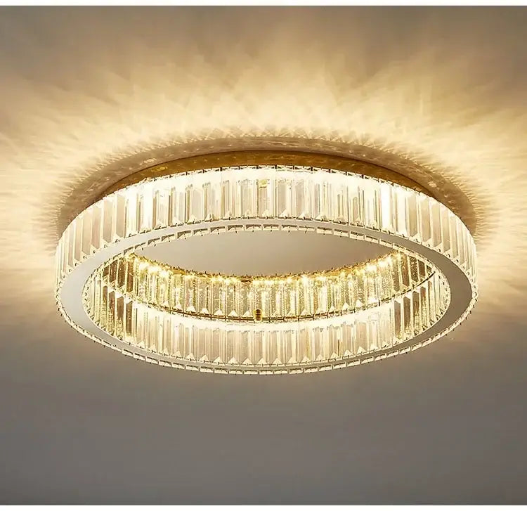 Modern gold crystal led ceiling chandelier with double-ring clear faceted crystals and metallic frames for living room lighting decorbites crystal led