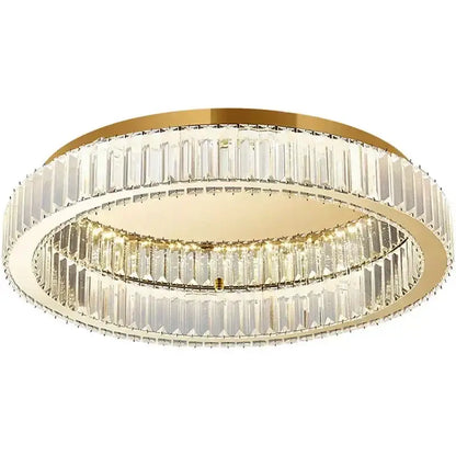 Modern gold crystal led ceiling chandelier with two concentric rings of clear faceted crystal bars for living room lighting