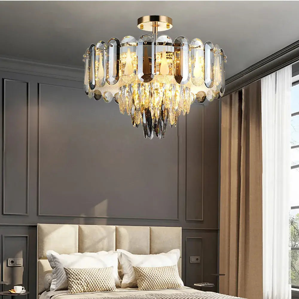 Modern gold crystal led ceiling chandelier with elongated oval glass panels and faceted crystals for living room decorbites crystal led