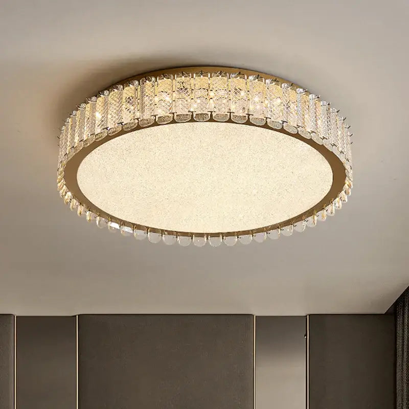 Modern gold crystal led ceiling light with gold-toned frame and clear crystals in concentric rings by decorbites crystal led