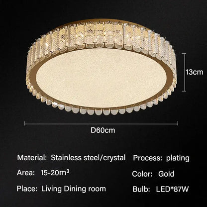 Modern gold crystal led ceiling light featuring a gold-plated circular frame with sparkling crystal rim and textured diffuser