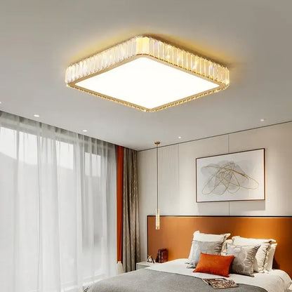 Modern gold crystal led ceiling light with square frame and clear crystal accents for bedroom decorbites crystal led design