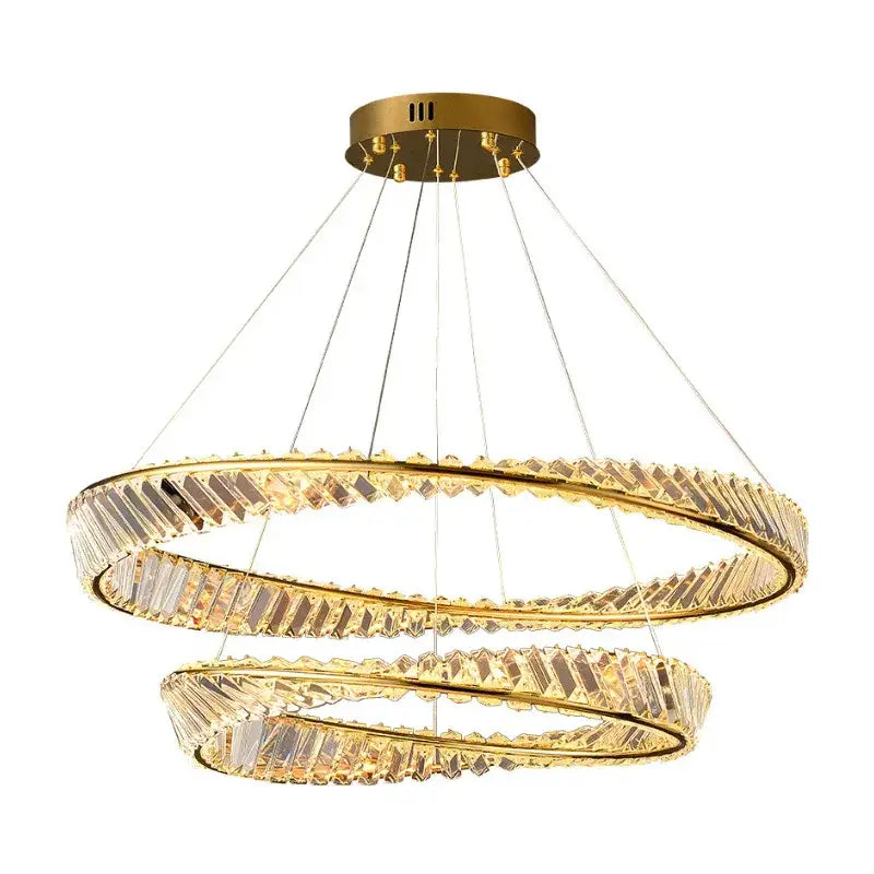 Modern gold crystal led chandelier featuring double rings with faceted crystal accents for elegant dining room decorbites crystal led