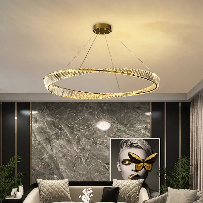 Modern gold crystal led chandelier with double ring pendant and metal frame by decorbites crystal led for dining room decor