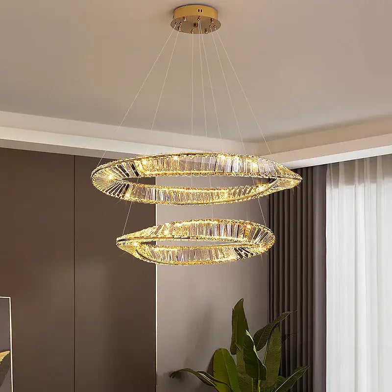 Modern gold crystal led chandelier with double rings and crystal accents for dining room decorbites crystal led design
