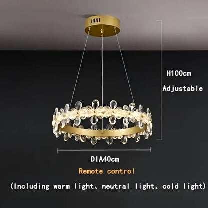 Modern gold crystal led chandelier with clear crystal droplets, floral accents, adjustable height, and remote control lighting