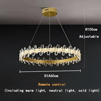Modern gold crystal led chandelier with circular design, crystal droplets, and adjustable height for dining room decorbites crystal led