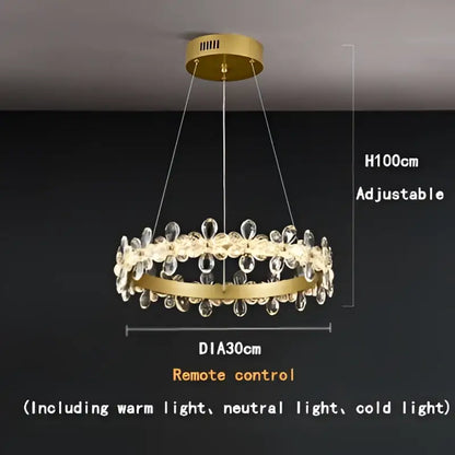 Modern gold crystal led chandelier with clear crystal droplets floral accents adjustable height and remote control lighting