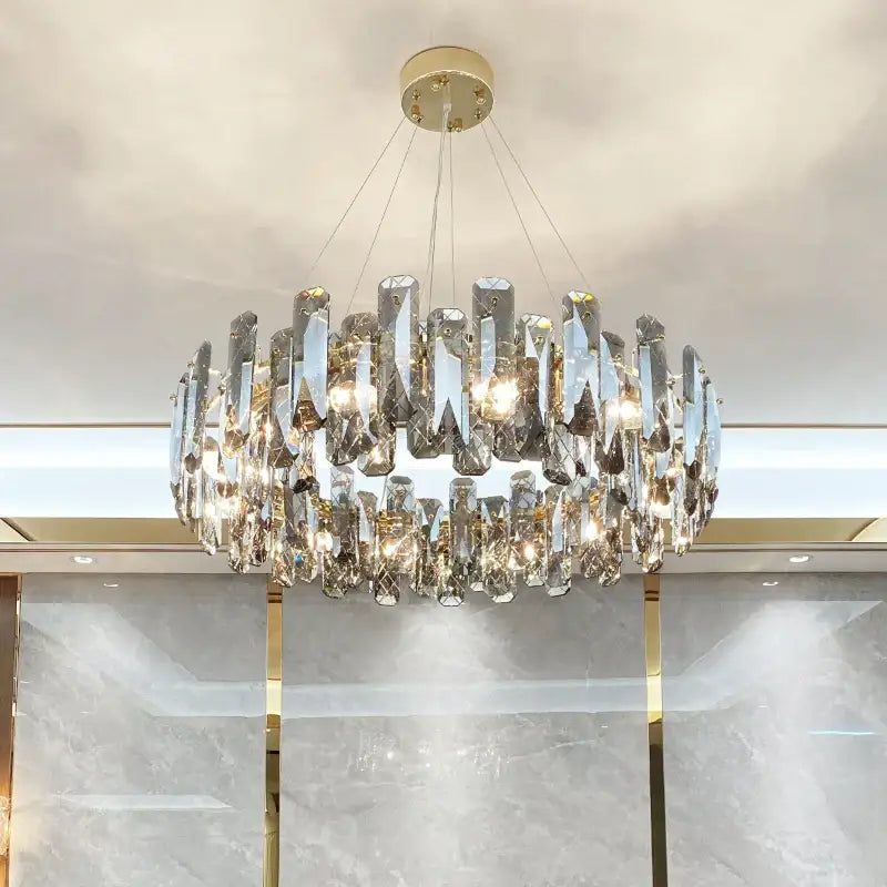 Modern gold crystal led chandelier with circular faceted glass pieces for dining room decorbites crystal led design