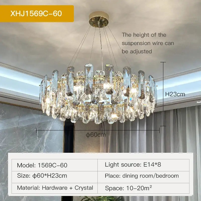 A modern gold crystal led chandelier for dining room featuring clear faceted crystals and decorbites crystal led design