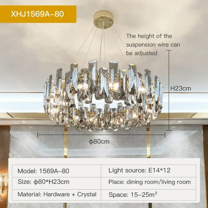 Modern gold crystal led chandelier featuring faceted crystals and metallic frame for dining room decorbites crystal led