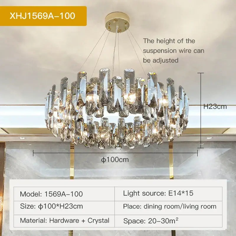 Modern gold crystal led chandelier with cascading prisms and metal frame for dining room decorbites crystal led design