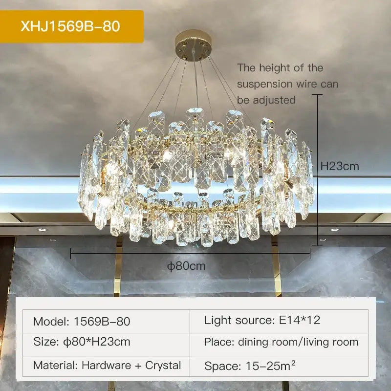 Modern gold crystal led chandelier with cascading clear prisms model xhj1569b-80 by decorbites crystal led
