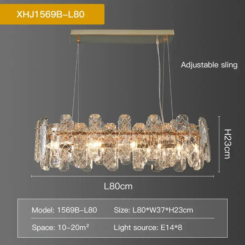 Modern gold crystal led chandelier with clear crystal droplets and rectangular ceiling mount for dining room decorbites crystal led