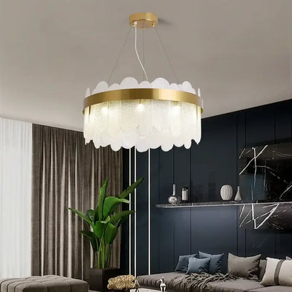 A modern gold crystal led chandelier with frosted glass petals and metal frame for living room decorbites crystal led