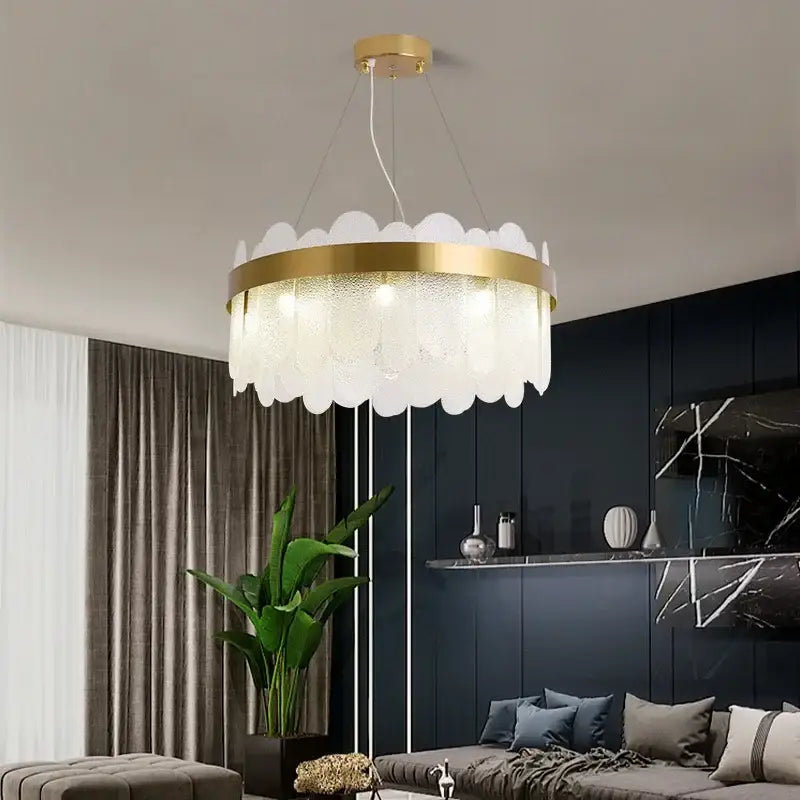 A modern gold crystal led chandelier with frosted glass petals and metal frame for living room decorbites crystal led