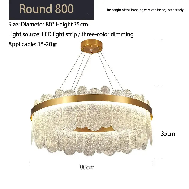Gold-toned circular decorbites crystal led chandelier with frosted glass petals and three-color dimming for living room decor
