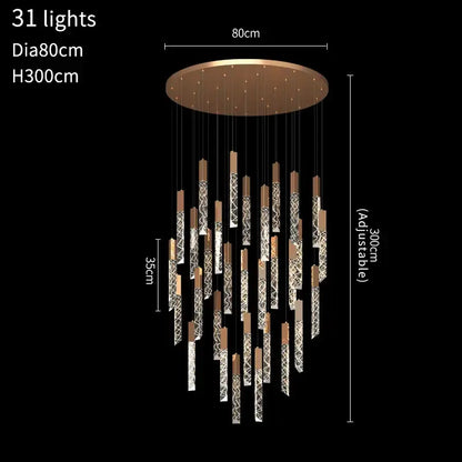 Modern gold crystal led chandelier featuring 31 hanging crystal encrusted rods with bronze finish by decorbites crystal led