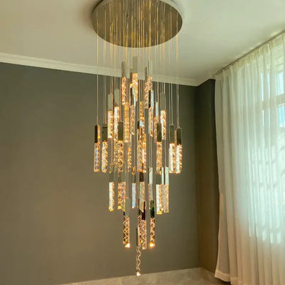 Modern gold crystal led chandelier with circular gold mount and hanging crystal rods for living room decorbites crystal led