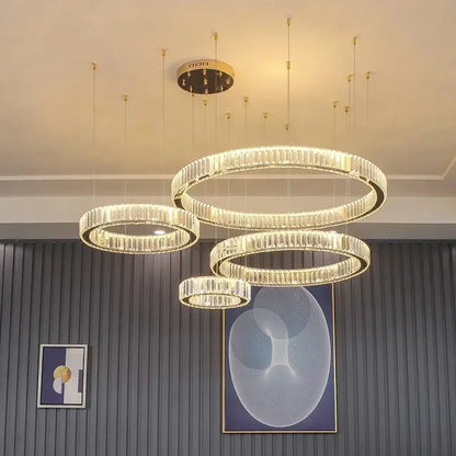 Modern gold crystal led chandelier rings with faceted crystals and sleek metal frame for villa staircase decorbites crystal led