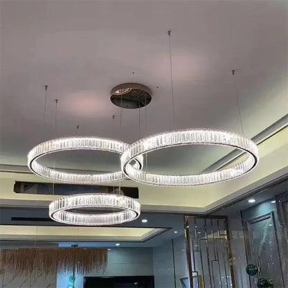 Modern gold crystal led chandelier rings with three interlocking faceted crystal rings for villa staircase decorbites crystal led