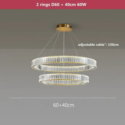 Modern gold crystal led chandelier rings with two concentric crystal rods illuminated by 60w led for villa staircase decorbites crystal led