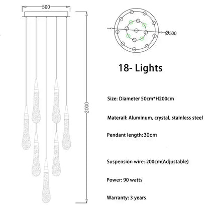 Modern gold crystal led chandelier with 18 lights, circular aluminum frame, crystal droplets, and stainless steel decorbites crystal led design