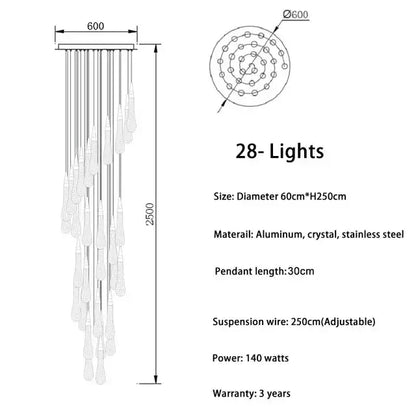 Modern gold crystal led chandelier pendant light with 28 cascading teardrop pendants on aluminum steel frame for dining room decorbites crystal led