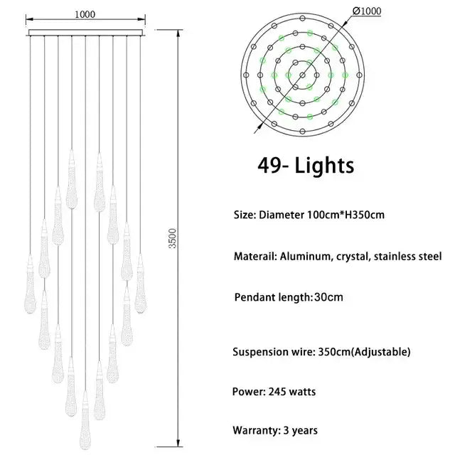Modern gold crystal led chandelier pendant light with 49 teardrop pendants on aluminum frame for dining room decorbites crystal led