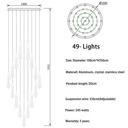 Modern gold crystal led chandelier pendant light with 49 teardrop pendants on aluminum frame for dining room decorbites crystal led