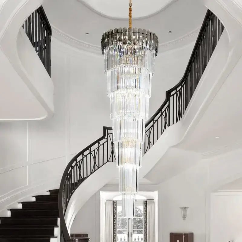 Modern gold crystal led pendant chandelier with cascading clear glass rods and gold-toned chain for dining room decorbites crystal led
